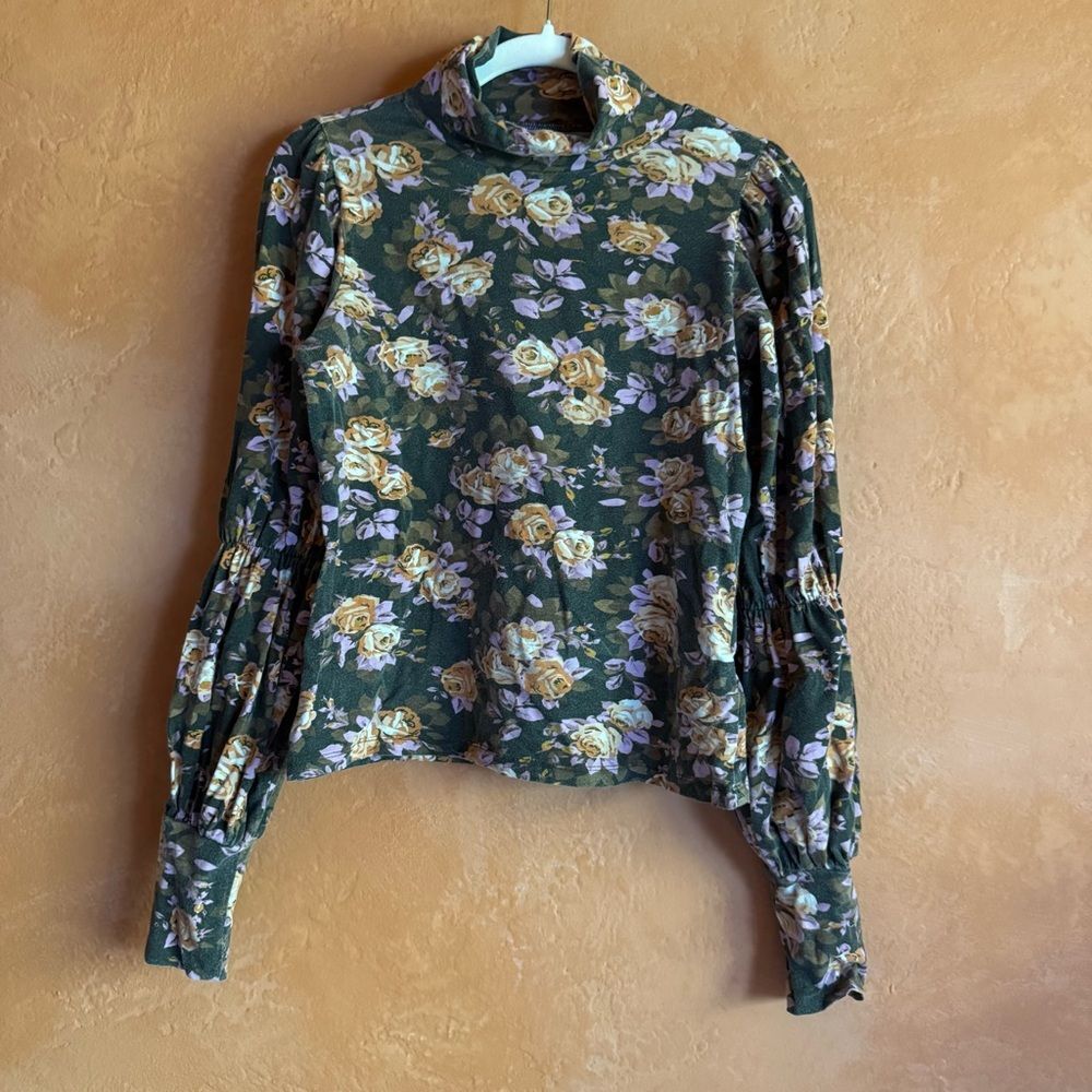 By Anthropologie Floral Mock Neck Balloon Sleeve Romantic Cottagecore Top M